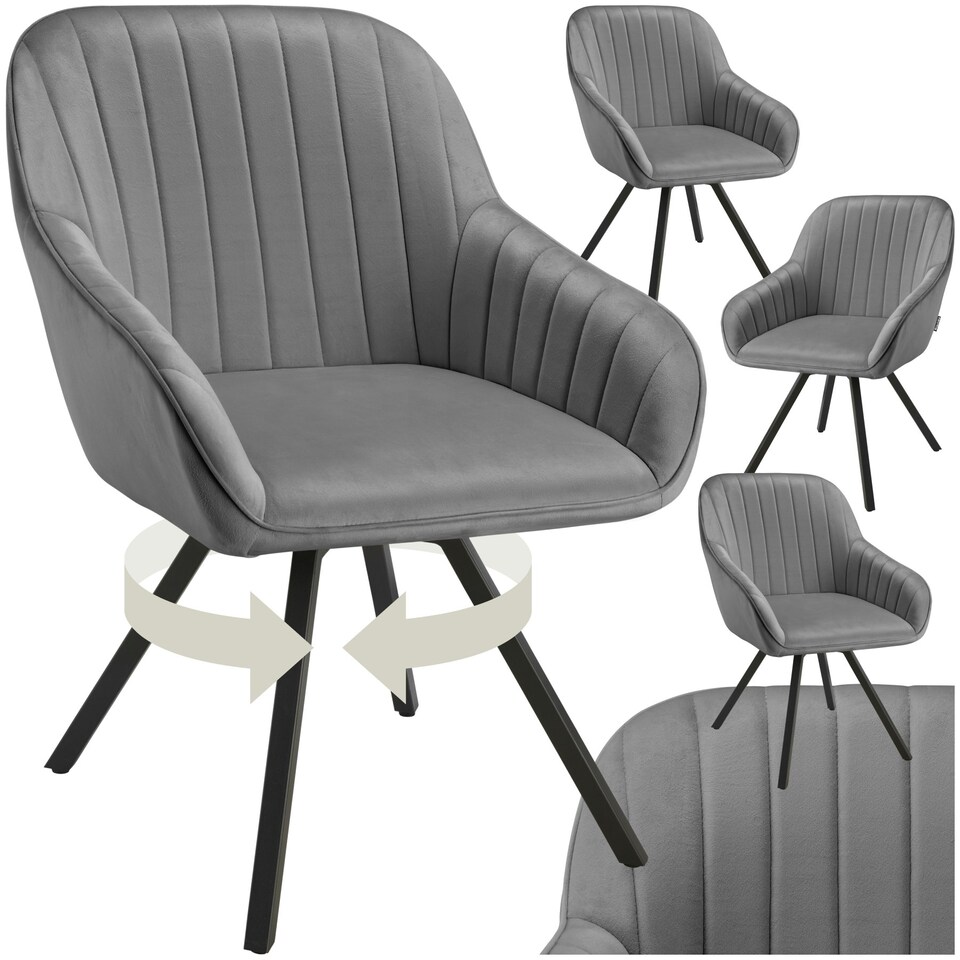 image 1 of Lounge Armchair Living Room Accent Chair 360 Swivel Slim Steel Legs Velvet Fabric - Set of 4 Grey