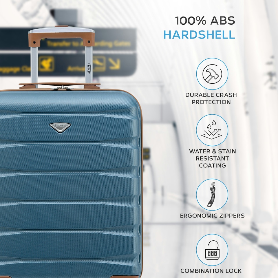 image 1 of Flight Knight Suitcase Set, Large Suitcase, Extra Large Suitcase, Cabin Suitcase 55x40x20cm - 60+ Airlines Approved - EasyJet, Jet2, Ryanair Priority Carry On Blue | Blue/Tan | Large