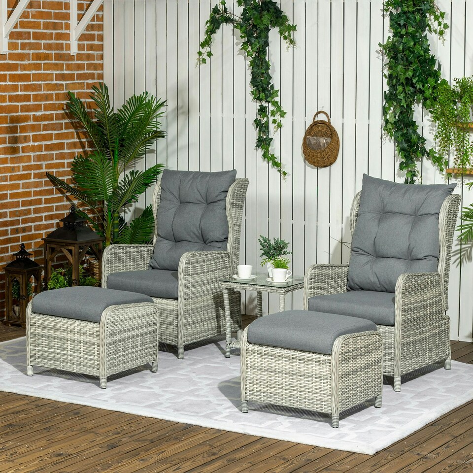image 1 of Outsunny Recliner Rattan Garden Furniture w/ Two-tier Table, Grey