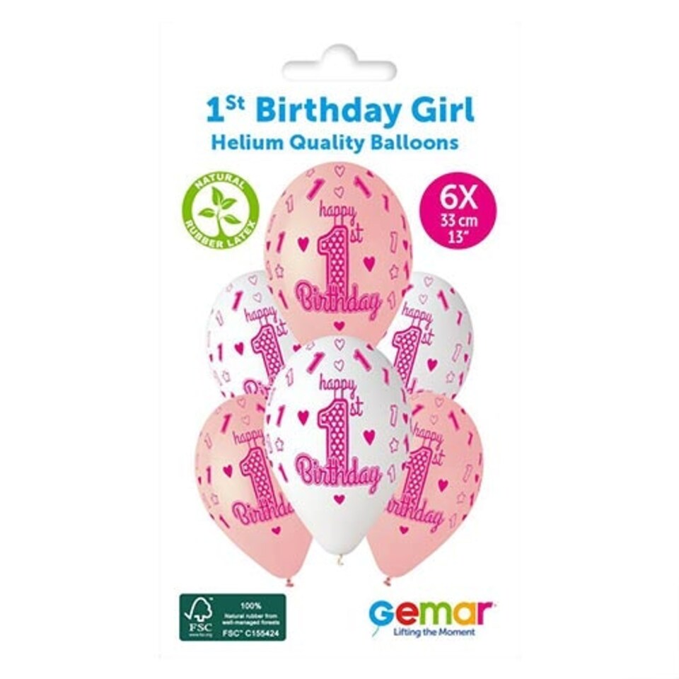 image 1 of 1st Birthday Pink Latex Balloons 33cm / 13 in - Pack of 6