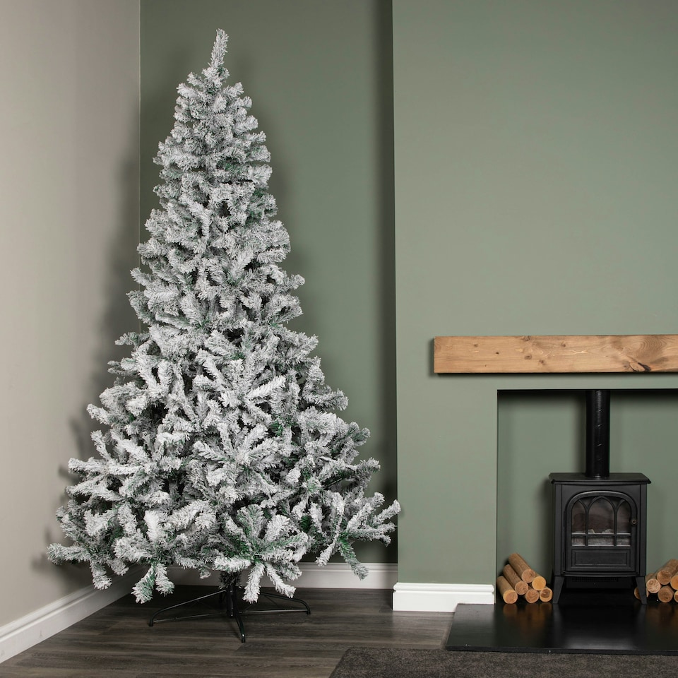 image 1 of 8ft (2.4m) Snow Flocked Artificial Christmas Tree with Green Metal Stand and 1017 Tips