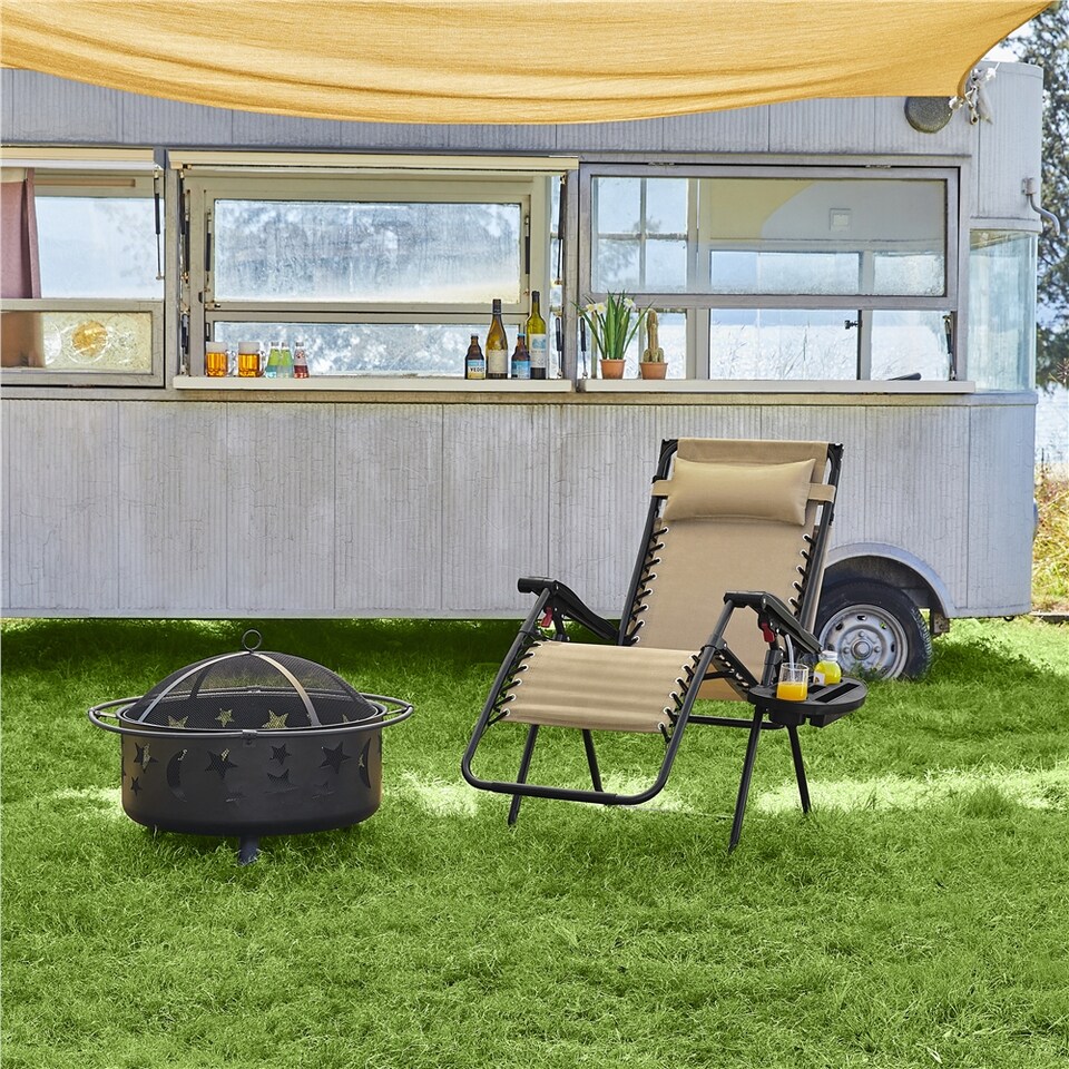 image 1 of Yaheetech 62.5 cm W Foldable Reclining Lounge Chair with Cupholder and Pillow-Beige | Cream | Beige | One Size | 1