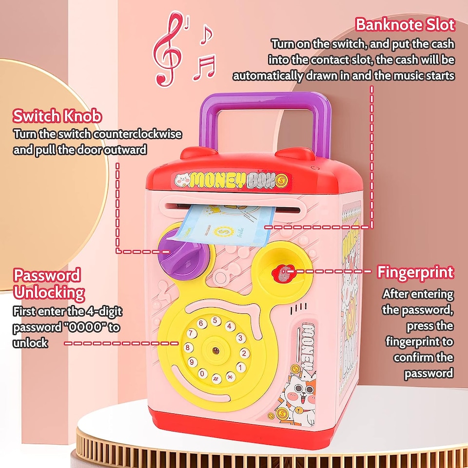 image 1 of Electronic Money Bank for Kids Pink Password & Fingerprint Toy ATM Piggy Bank Secure, Fun & Educational Savings Box