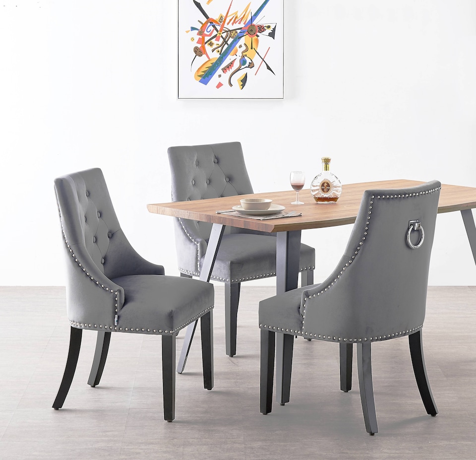 image 1 of Set of 6 Dark Grey Windsor  Velvet Dining Chair Ergonomic Scoop Knockerback & Button Tufted Wood Legs | Grey | Dark Grey