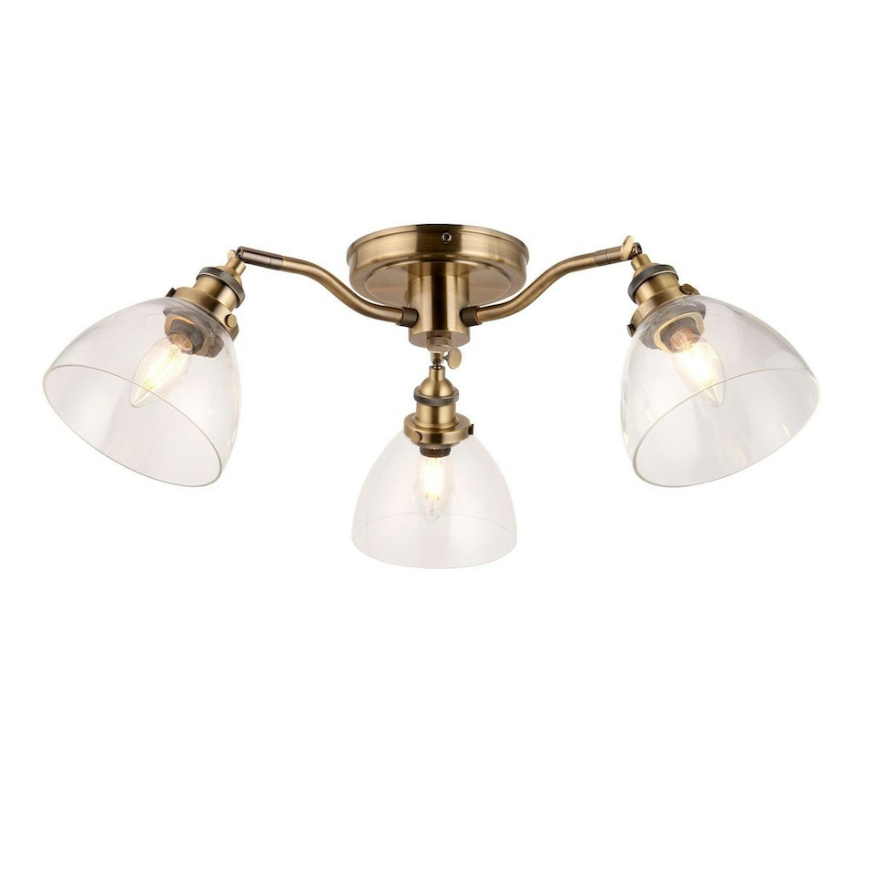 image 1 of Hansen Multi Arm Glass Semi Flush Ceiling Lamp, Antique Brass Plate, Glass