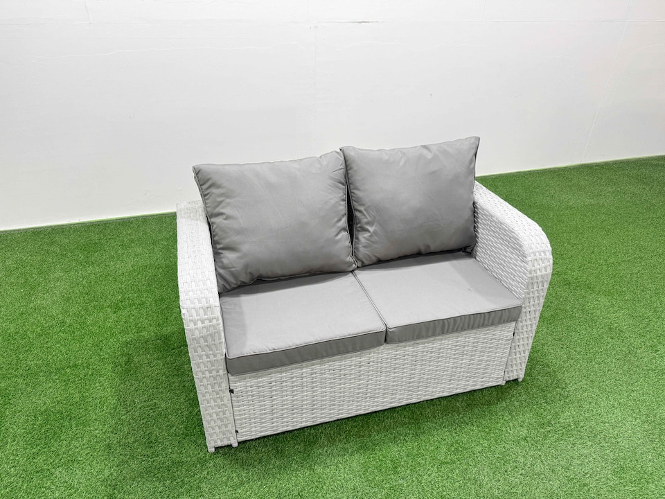 image 1 of Fimous 8 Seater Outdoor Rattan Garden Furniture Set Love Sofa Reclining Chair Set with Rectangular Dining Table Side Table 3 Footstools Light Grey