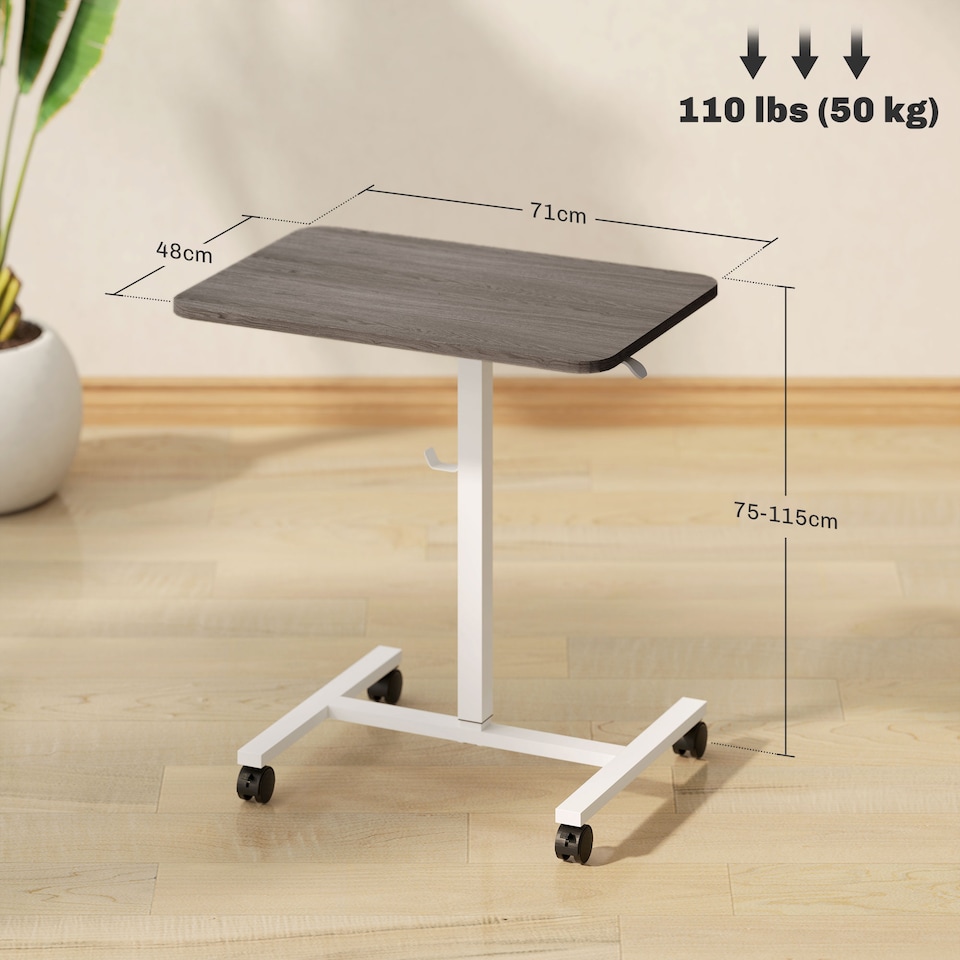 image 1 of HOMCOM Height Adjustable Standing Desk, Pneumatic Sit Stand Desk for Laptop, Mobile Overbed Table with Wheels and Headphone Hook for Home Office, Grey