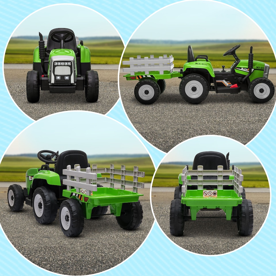 image 1 of HOMCOM Kids Electric Car, 12V Electric Ride on Tractor and Trailer with Detachable Trailer Remote Control, USB, Horn, Lights, Start-Up Sound, for Ages 3-6 Years, Green