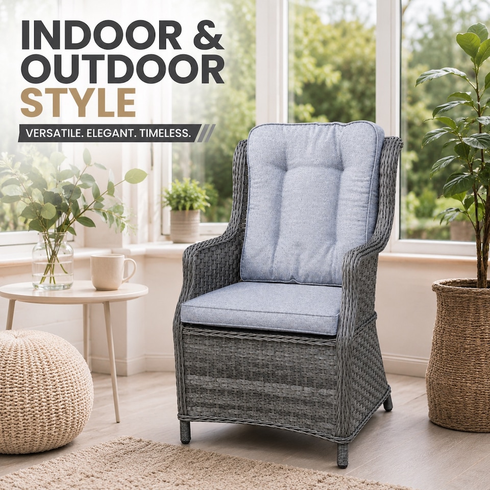 image 1 of 1pc Rattan Garden Dining Chair Grey Outdoor Patio Chairs with Cushion, Weatherproof Wicker Furniture