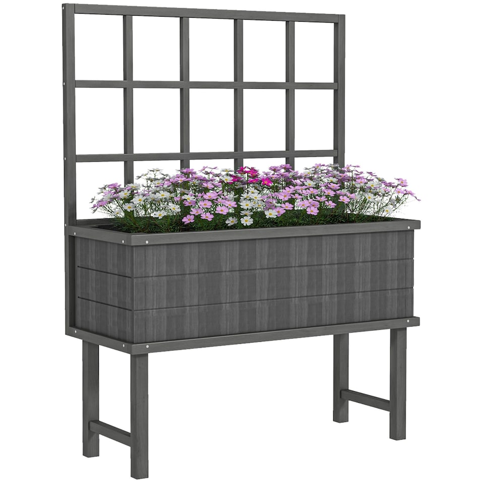image 1 of Outsunny Wood Raised Planter w/ Trellis Drain Holes Elevated Garden Bed Grey