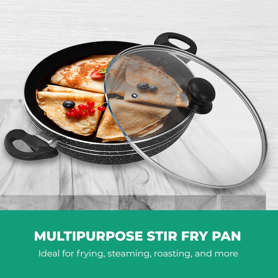 image 1 of Royalford 28cm Aluminium Wok Pan Non-Stick Induction Safe With Glass Lid