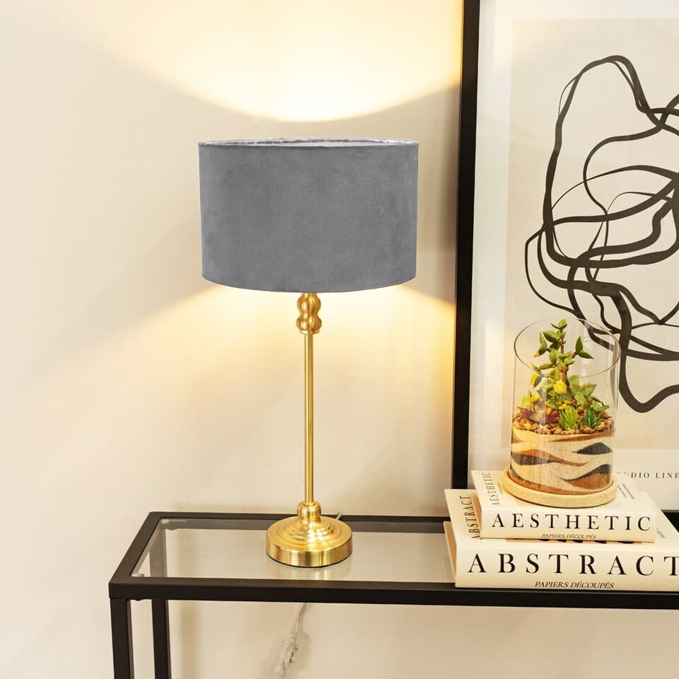 image 1 of ValueLights Maggie Gold Candlestick Table Lamp Grey Velvet Shade & Bulb | Gold