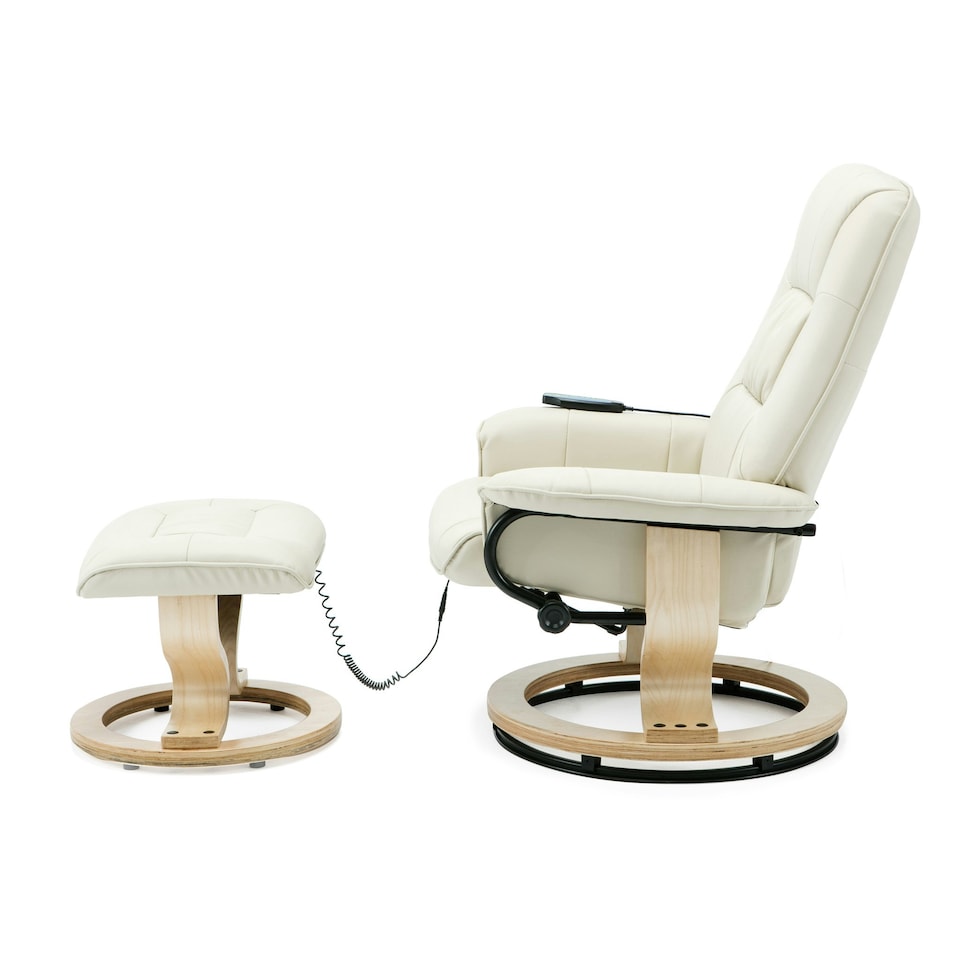 image 1 of Tuscany Bonded Leather Swivel Recliner Massage Chair w Footstool (Cream)