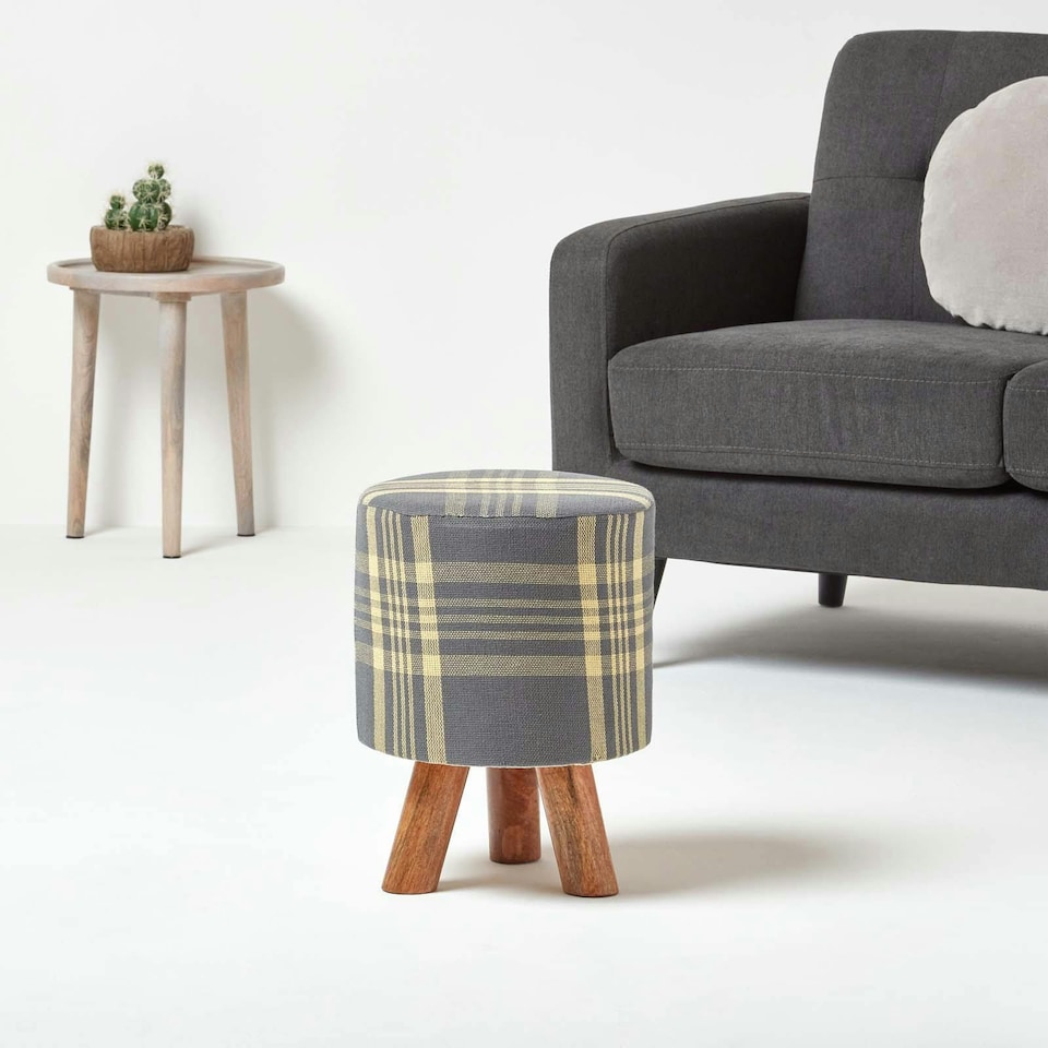 image 1 of Homescapes Grey and Yellow Tall Tartan Fabric Stool with Legs | Grey | 32 x 32 x 42 cm