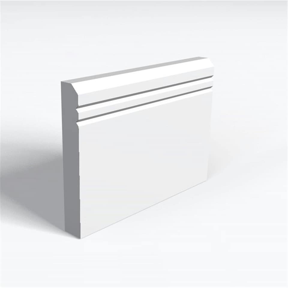Pack of 20 (Total 20 Units) - MR MDF Primed Chamfered 2 V Groove Skirting Board & Rebate - 15mm (T) x 94mm (H) x 3050mm (L)