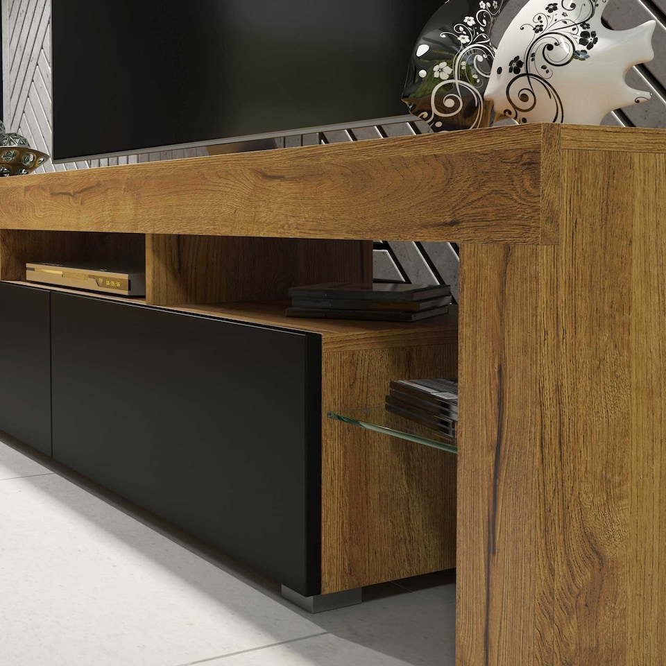 image 1 of TV Unit TV Stand Oak Black Media Console Sideboard Storage Cabinet 200cm
