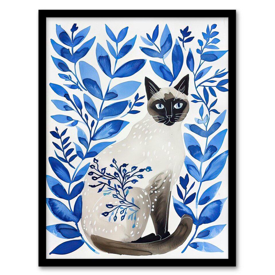 image 1 of Siamese Cat Lover and Blue Plants Pet Portrait Black Framed Wall Art Print A4