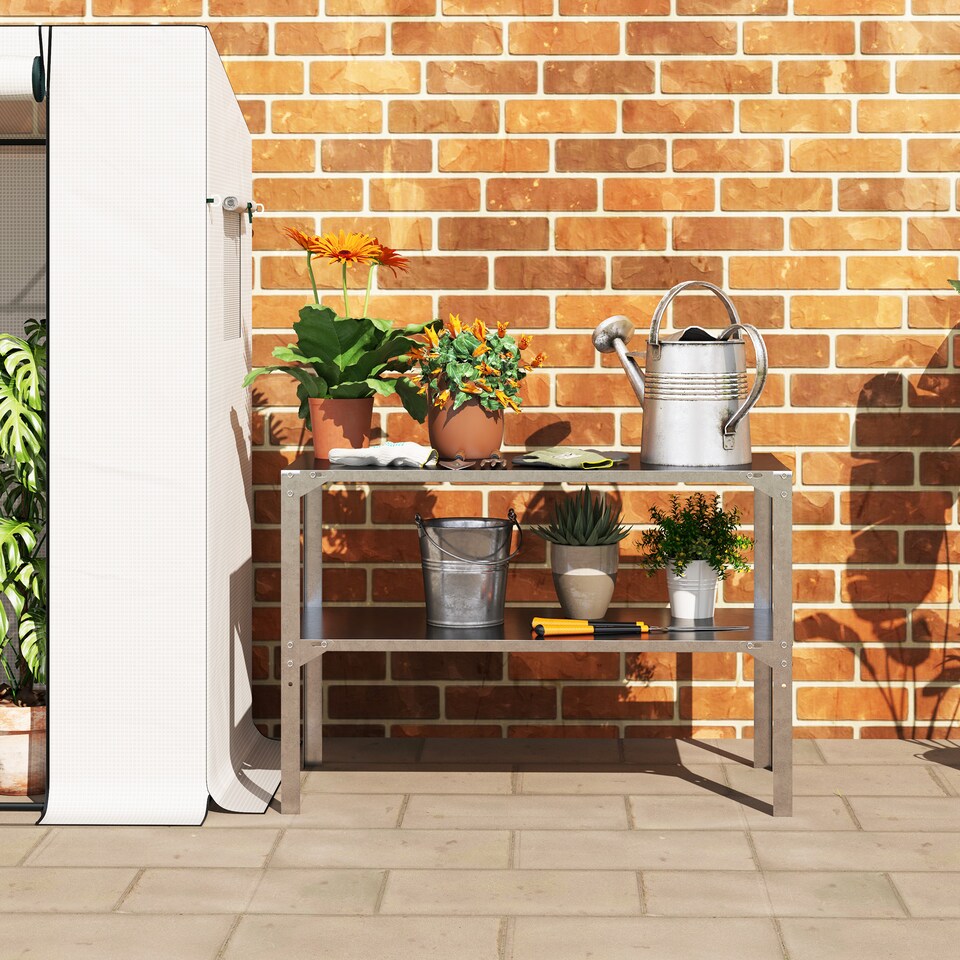 image 1 of Outsunny 2 Tier Potting Bench Table, Galvanised Work Bench, Silver Tone