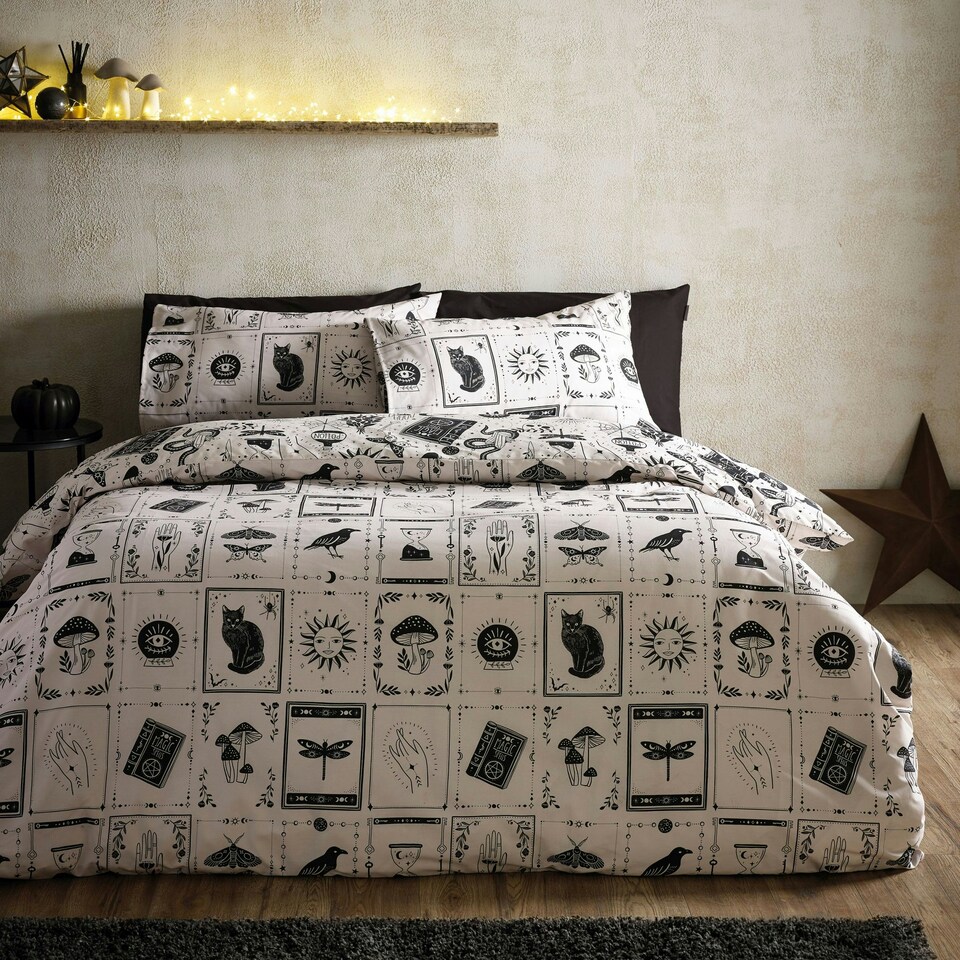 image 1 of Catherine Lansfield Enchanted Witchcraft Reversible Duvet Cover Set Black / Natural | Black | Black / Natural | Single