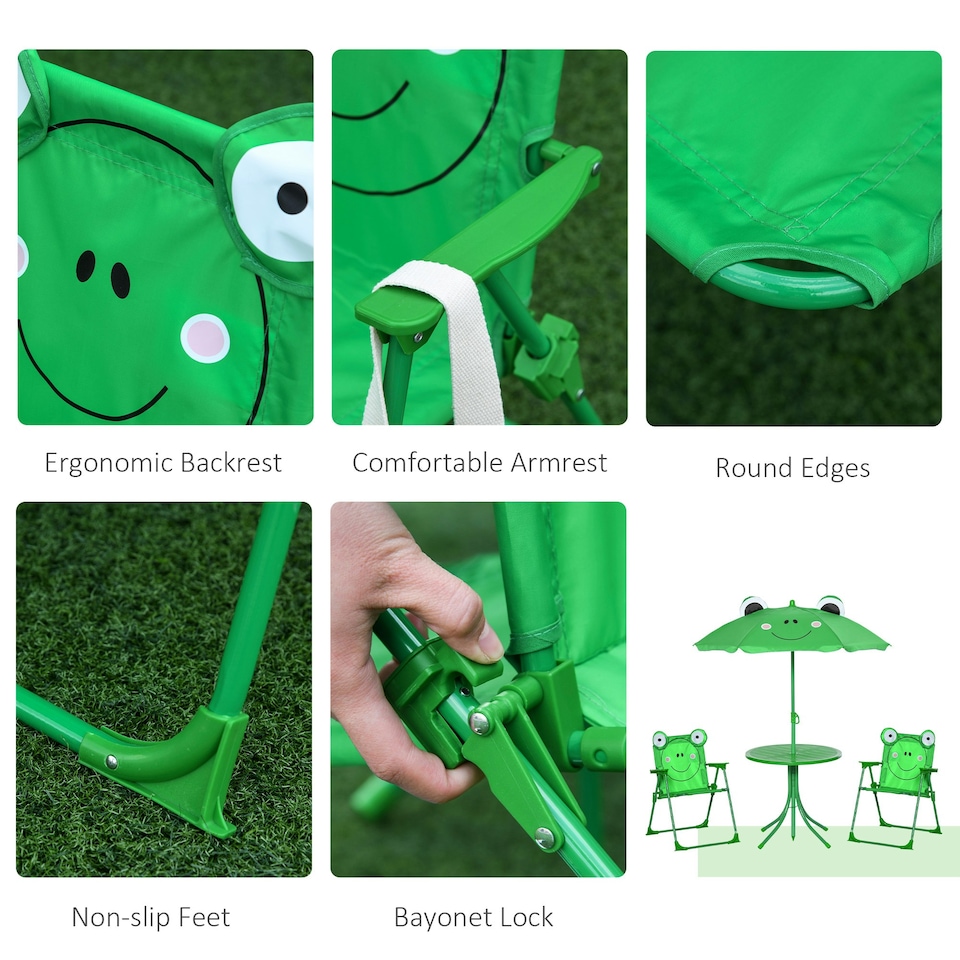 image 1 of Outsunny Foldable Patio Kids Metal Picnic Table w/ Frog Umbrella Green 4-piece