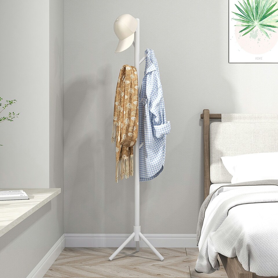 image 1 of HOMCOM Coat Rack Bamboo Coat Stand with 8 Hooks for Handbags, White
