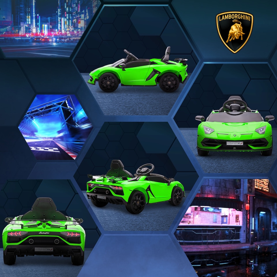 image 1 of HOMCOM Electric Car for Kids Lamborghini Aventador Licensed with Remote Control, 12V Powered Kids' Electric Ride-on with Butterfly Doors, Auxiliary wheels, Music, Horn, Suspension - Green