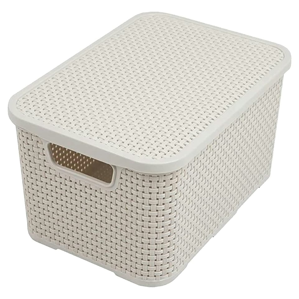 image 1 of 2 x Nature Inspired Cream Home & Office Rattan Effect Storage Baskets With Lids Cream
