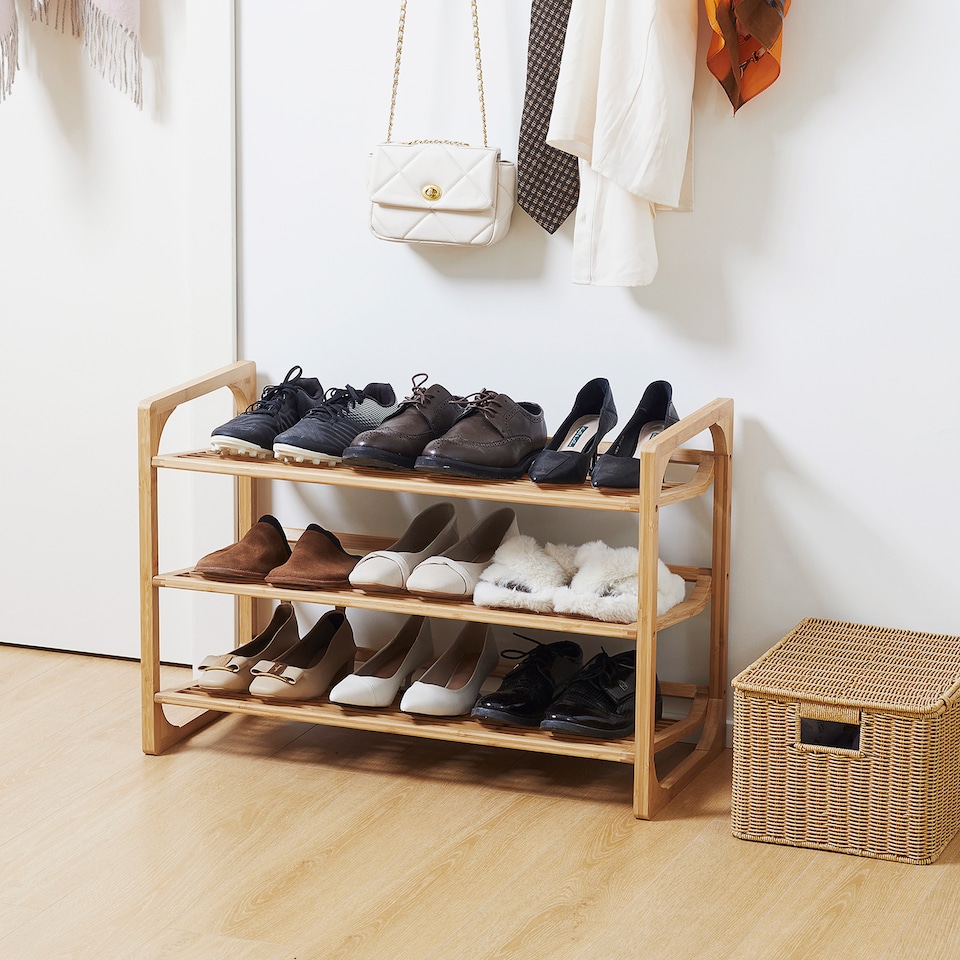 image 1 of HOMCOM 3-Tier Shoe Rack, Bamboo Shoe Storage Organizer with Slatted Shelves, Free Standing Shoe Shelf Stand for 9 Pairs of Shoes for Entryway, Hallway, Natural