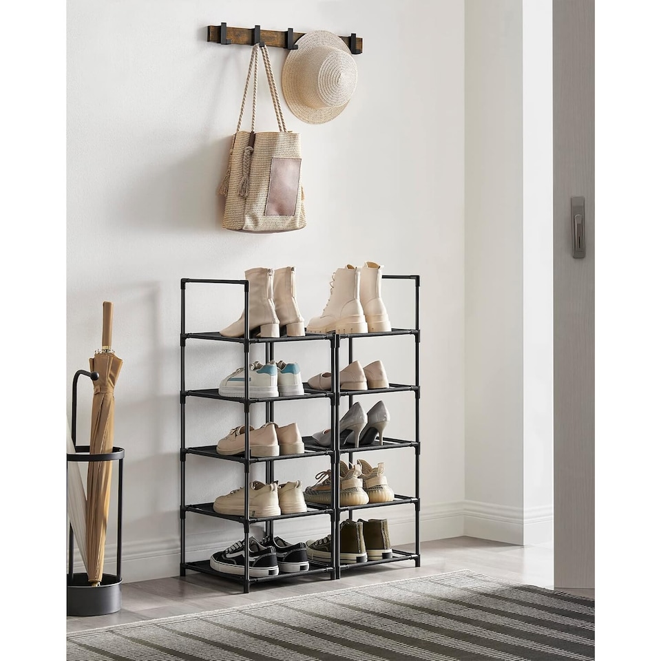 image 1 of 10-Tier Shoe Tower, Compact Storage Rack with Fabric Shelves and Metal Frame, Black