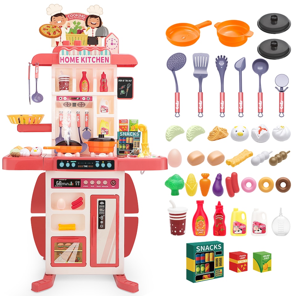 image 1 of Realistic Kitchen Play Set for Toddlers Steaming Spray Lights Cooking Sounds Pretend Role Play (Pink)