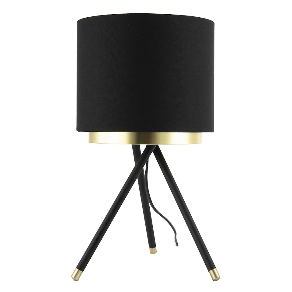 image 1 of Black Tripod Table Lamp with Gold Metal Ring and Cotton Drum Shade