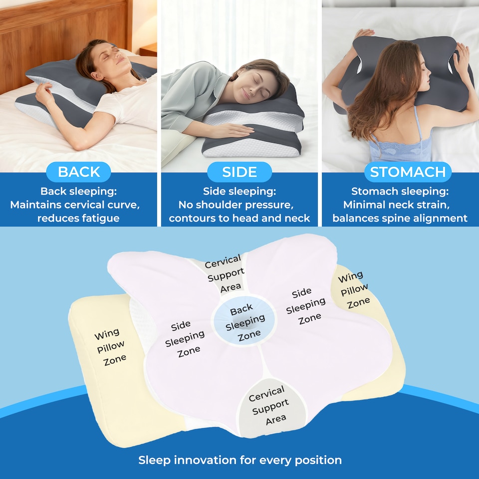 image 1 of Lavio Ergonomic Butterfly Neck Pillow for Side Back Stomach Sleepers Washable