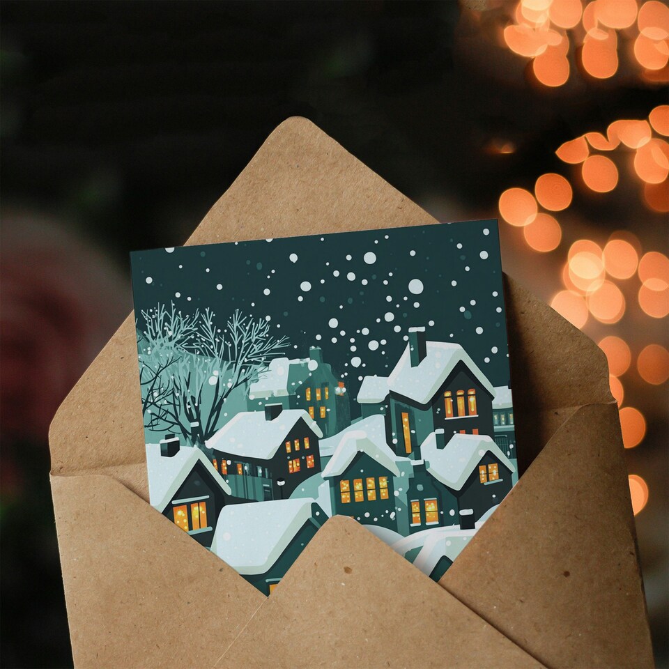 image 1 of Winter Snow Houses Glowing Windows Blank For Him Or Her Art Xmas Festive Christmas Card