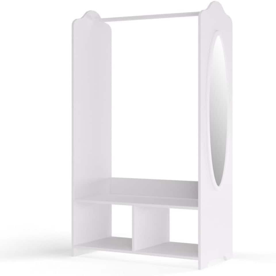 image 1 of Kids MDF Wooden Hanging Clothes Rail Wardrobe Storage Display Shelves & Mirror