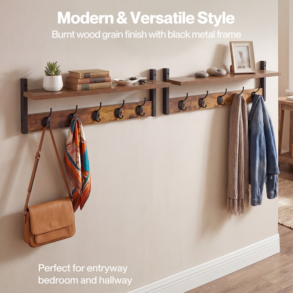 image 1 of Levede Coat Rack Wall Mounted Wooden Hooks Hangers Storage Shelf 2 Pack Brown