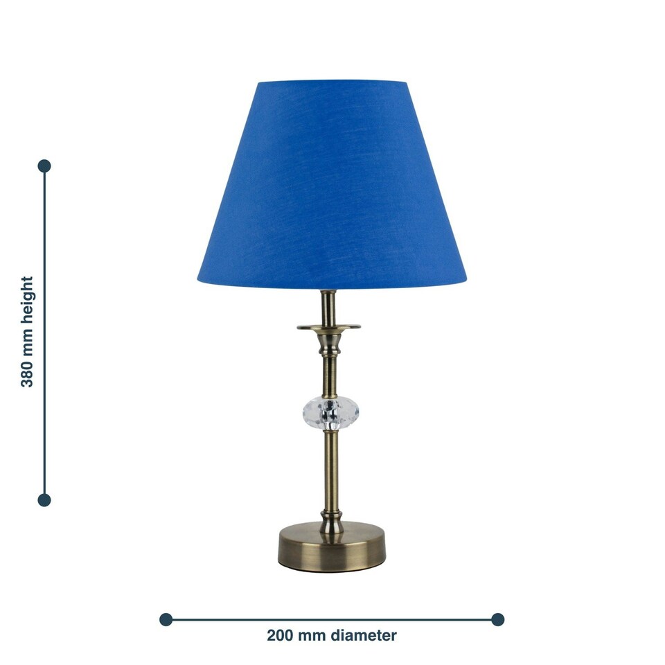 image 1 of Antique Brass Table Lamp with Facet Detail and Royal Blue Shade Bronze | Blue