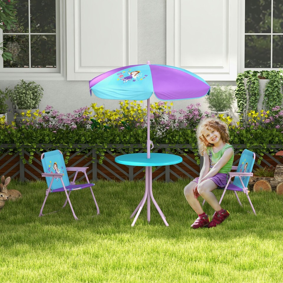 image 1 of Outsunny Kids Bistro Table and Chair Set w/ Fairy Theme, Adjustable Parasol