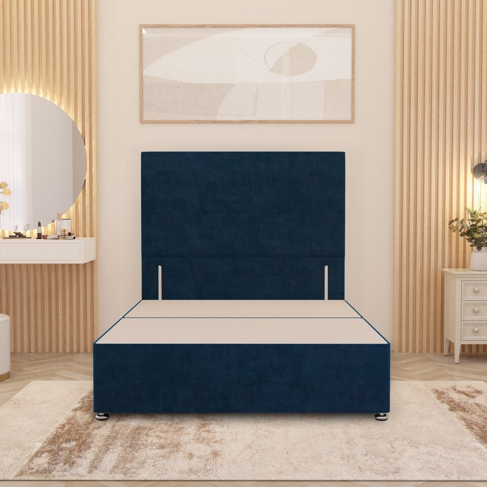 image 1 of Divan Bed Base with 4 Drawers & Plain Floor Standing Headboard Plush Velvet | Blue | Navy