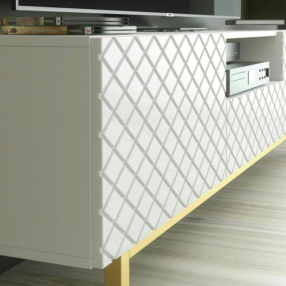 image 1 of White TV Unit 180cm Diamond Fronts Gold Legs Modern Media Cabinet White