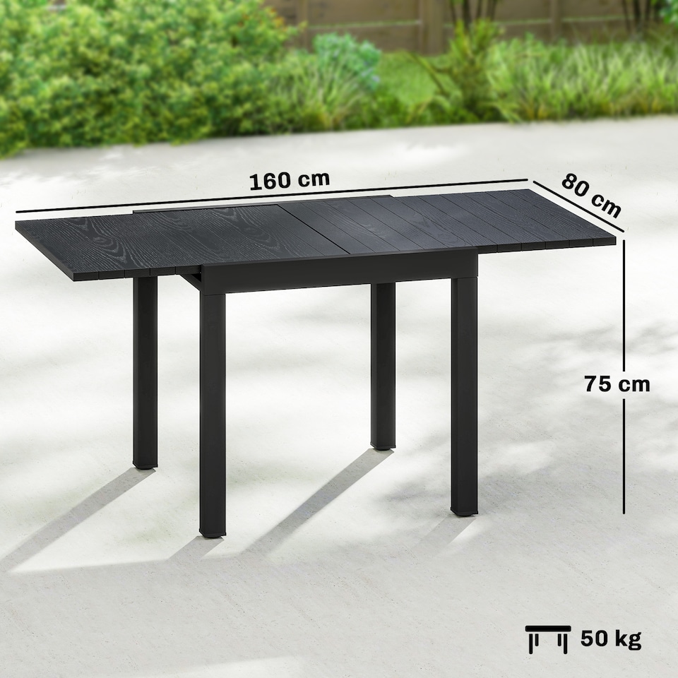 image 1 of Outsunny Aluminium Extending Garden Table with Faux Wood Slatted Top, Black | Black | Black | 160 x 80 x 75 cm
