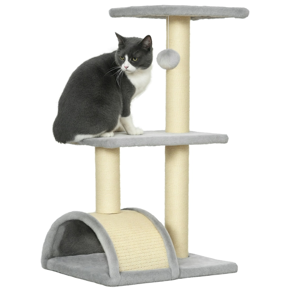 image 1 of PawHut 72cm Cat Tree Tower with Scratching Post Perch, Indoor, Light Grey