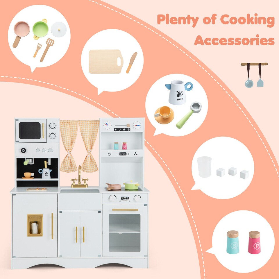 image 1 of COSTWAY Kids Kitchen Playset Toddlers Wooden Pretend Play Kitchen Cooking Toy