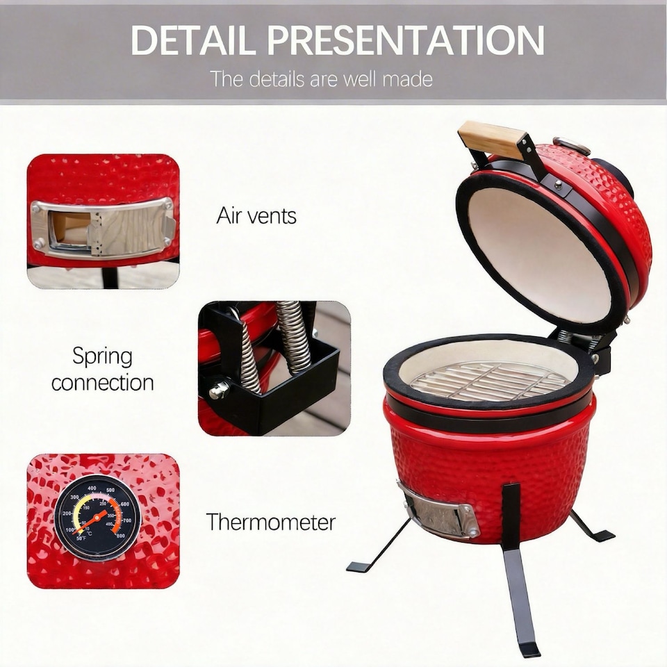 image 1 of Alivio Kamado 13-Inch Ceramic Mini BBQ Grill & Charcoal Smoker with Stand (Red)