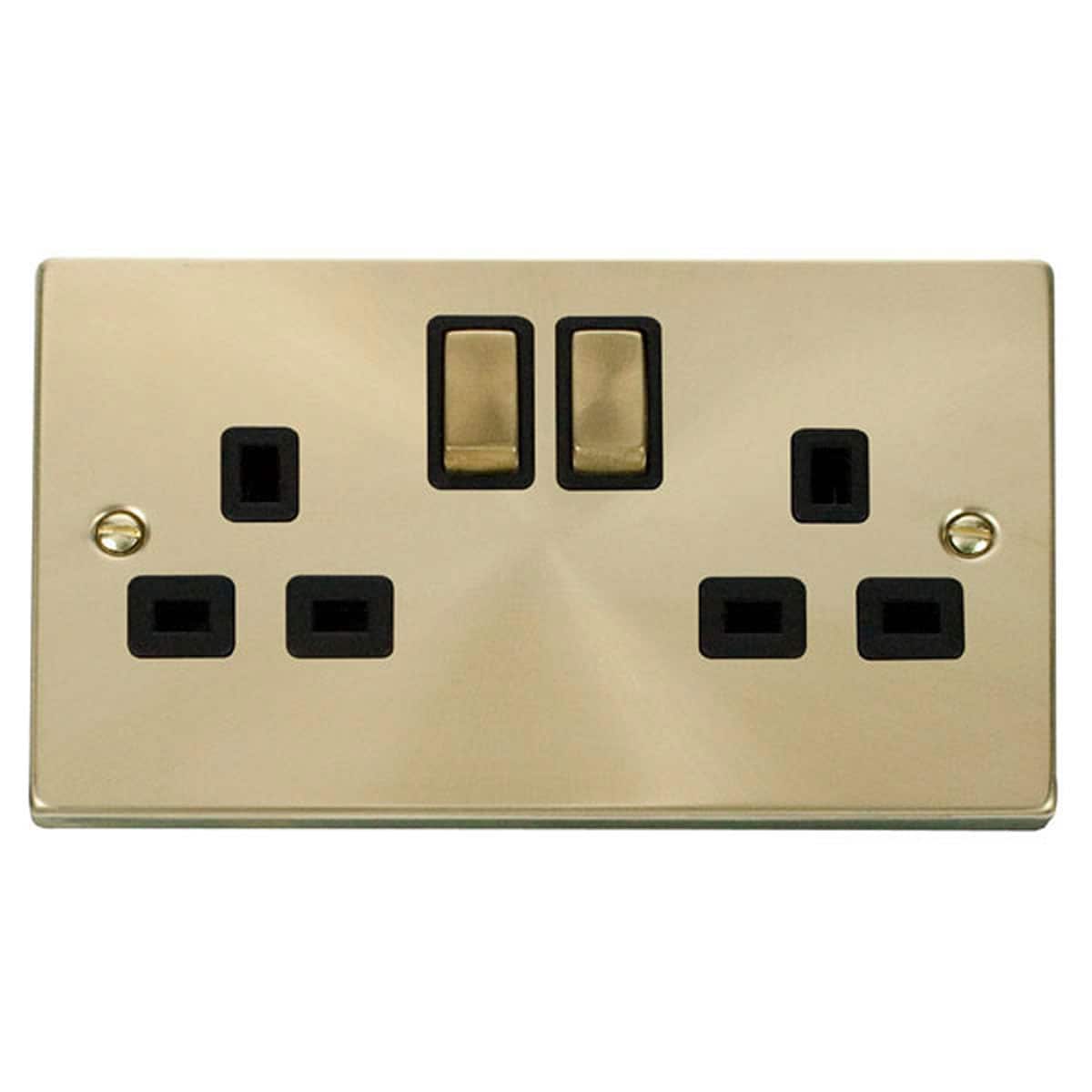 SE HOME Satin Brushed Brass 2 Gang 13A DP Ingot Twin Double Switched Plug Socket Gold Satin Brass