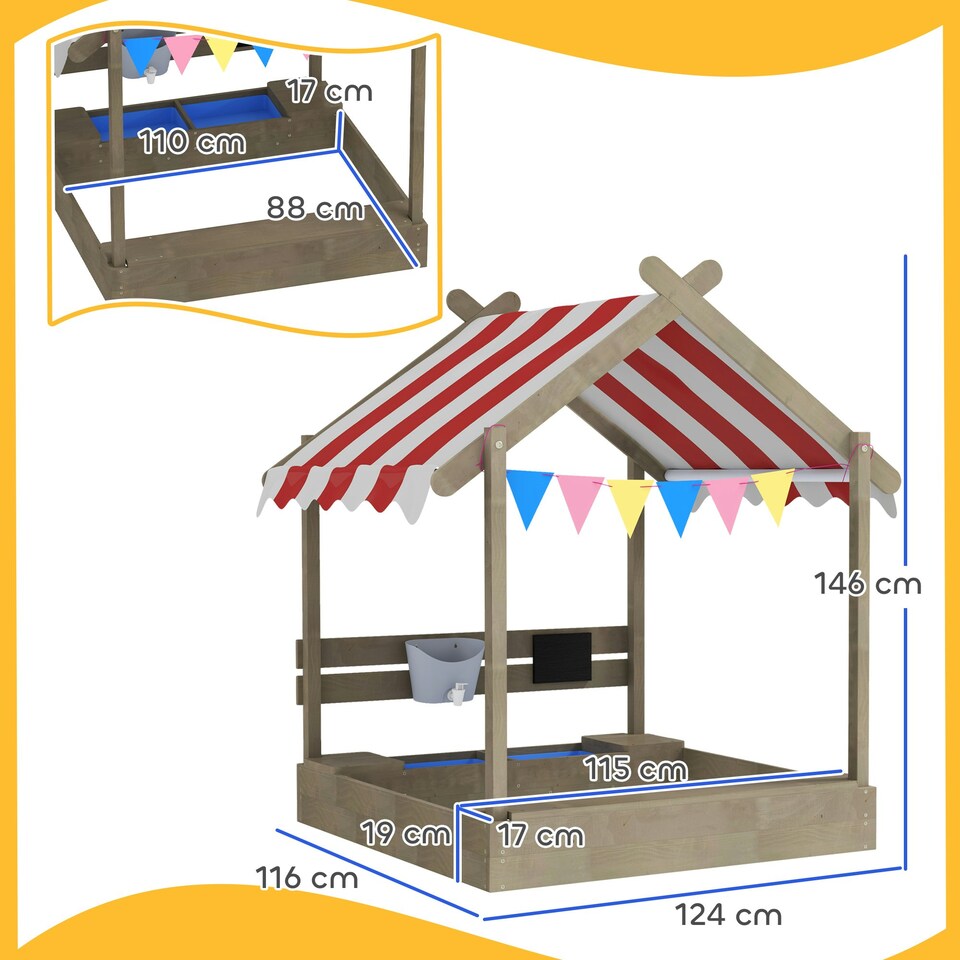 image 1 of Outsunny Sand Pit with Canopy, Blackboard, Toys, Sink, Seats, Flags for Kids