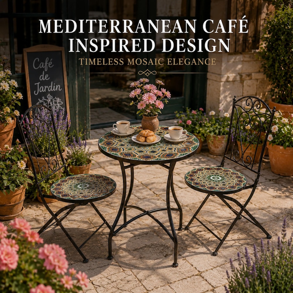 image 1 of Mosaic Bistro Set with Round Table and Two Folding Chairs for Garden Patio Balcony and Outdoor Dining