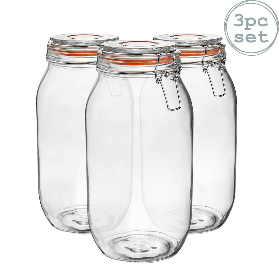 image 1 of Argon Tableware 3x Glass Storage Jars - 2 Litre - Clip Top Storage Jar Kitchen Jair Preserving Jar Kitchen Storage Jar