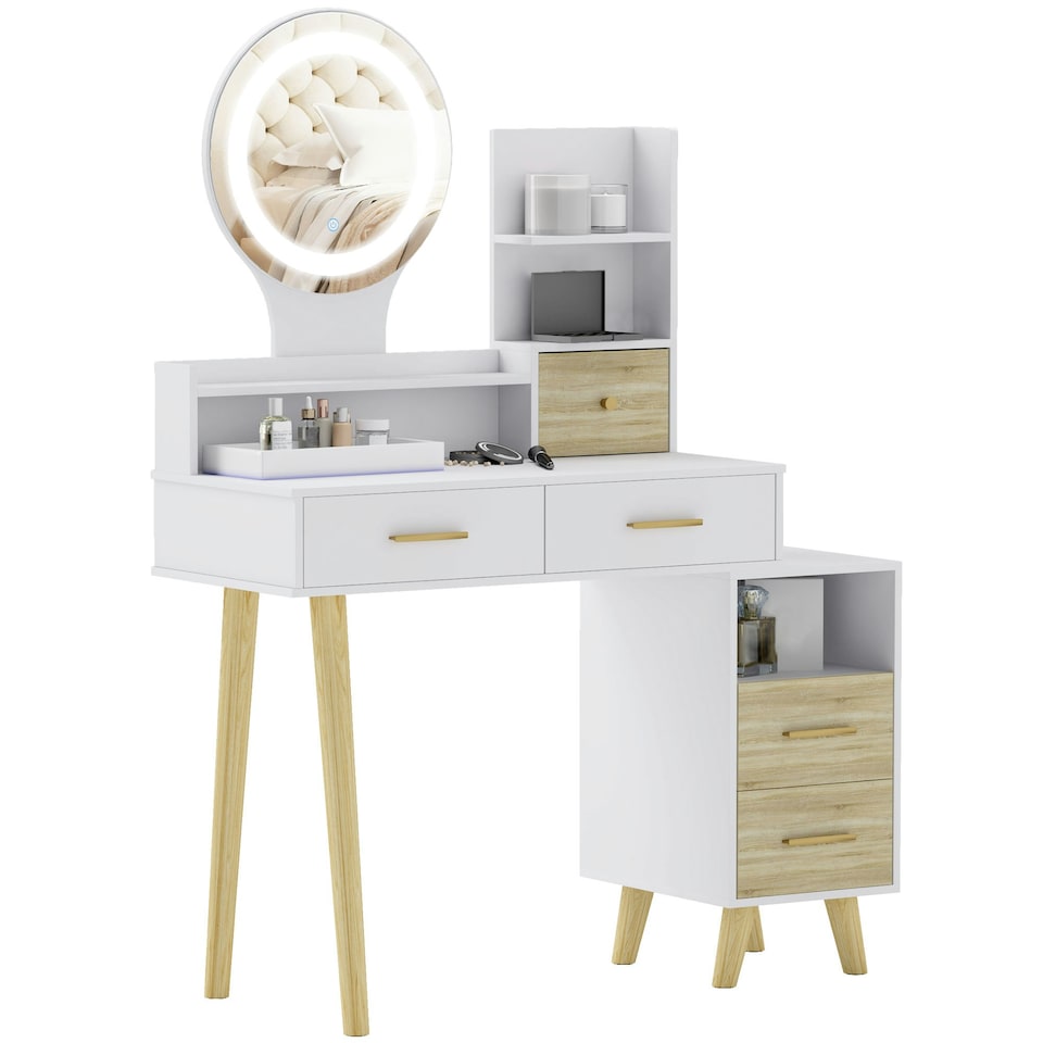 image 1 of HOMCOM Dressing Table with Mirror, Vanity Table with LED Lights, White