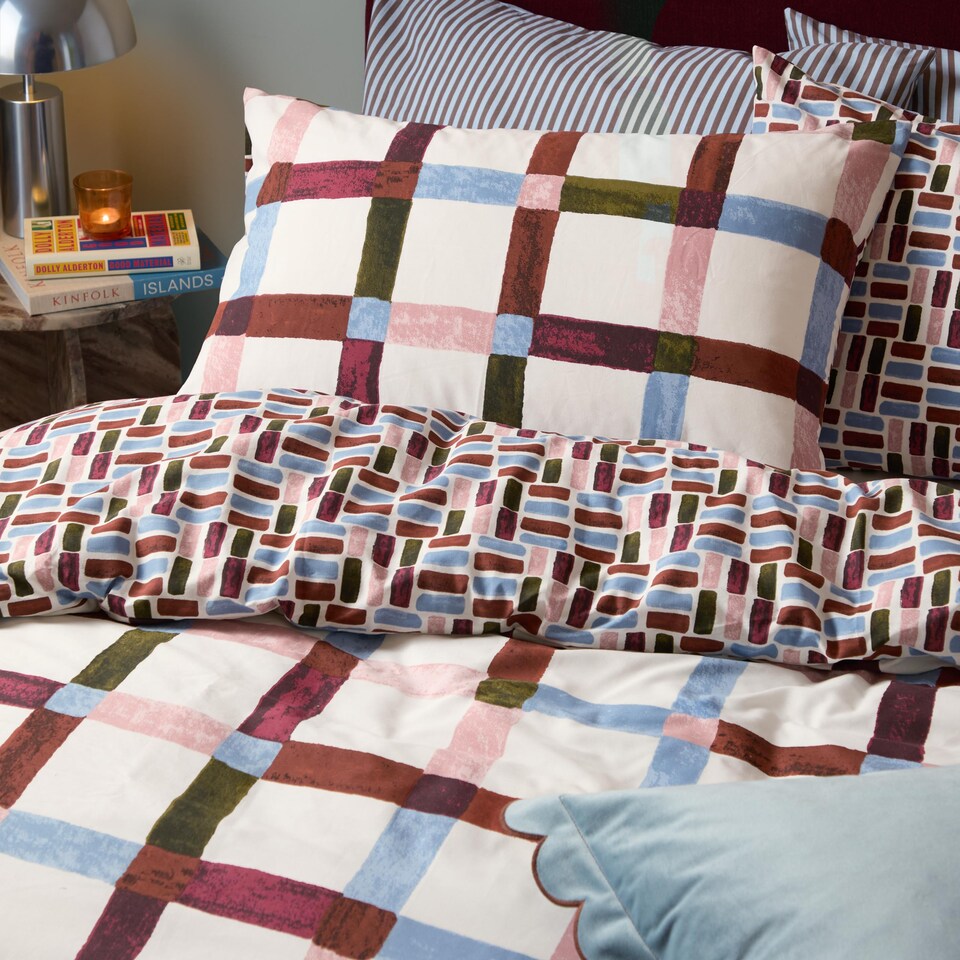 image 1 of Furn Selvan Reversible Printed Duvet Cover Set, Oatmilk & Burgundy