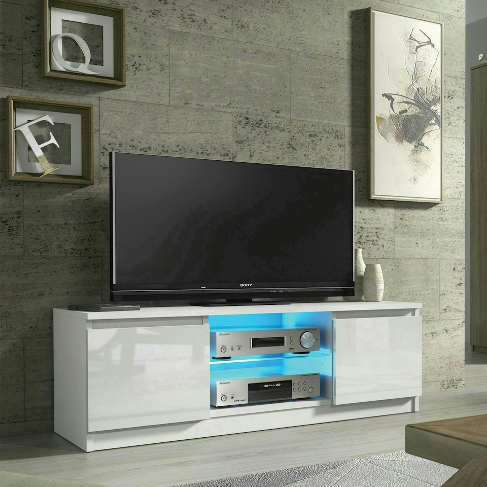 image 1 of TV Unit 120cm White Gloss Doors White Matt Body Glass Shelf Free LED | White | One Size | 1